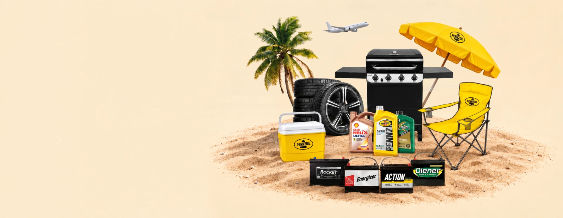 Promoción de verano con lubricantes Shell, Pennzoil y Quaker State, parrilla, silla de playa y hielera